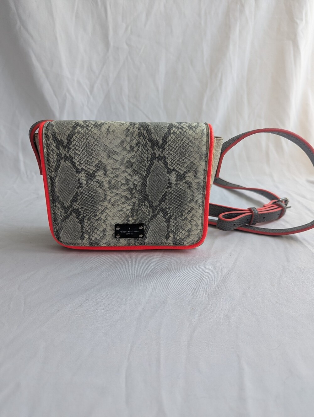 Paul's Boutique London Snake Print Crossbody Bag Neon Pink Trim